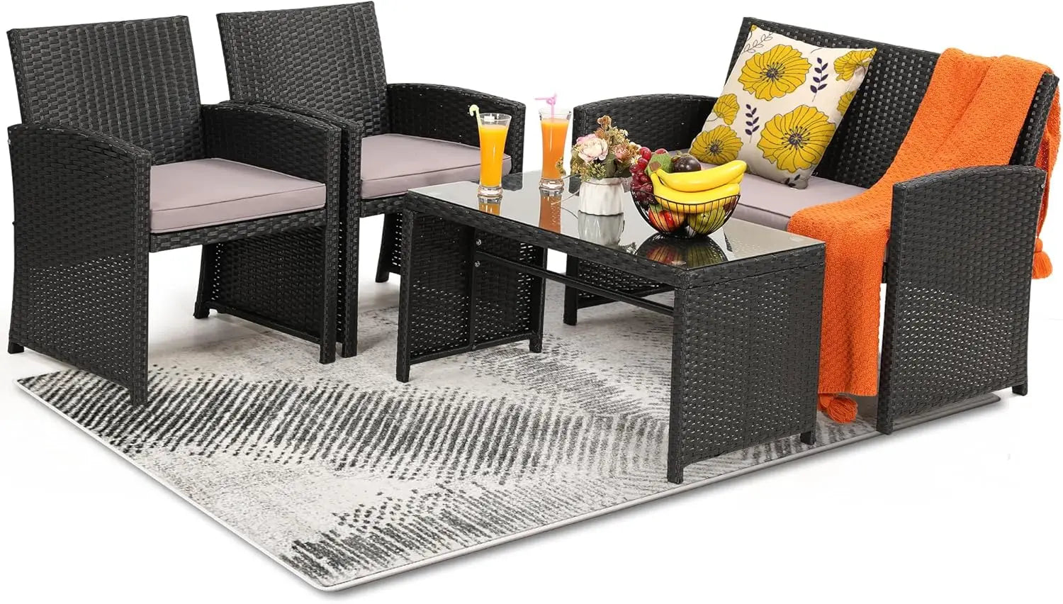 4-Piece Rattan Patio Furniture Set – Cushioned Outdoor Conversation Sofa Set