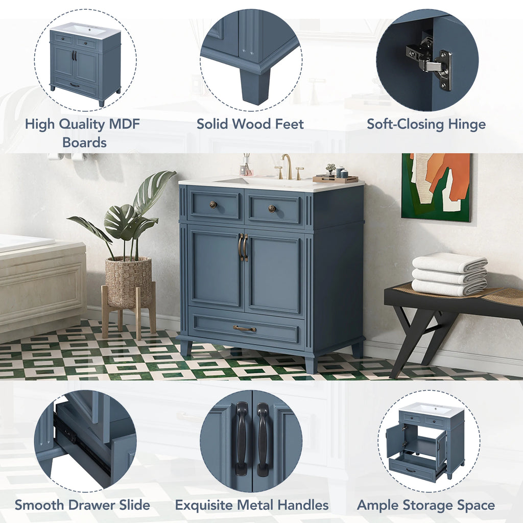 30" Solid Wood Bathroom Vanity with Ceramic Sink