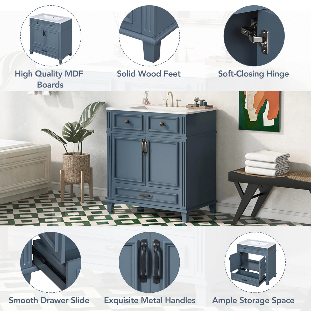 30" Solid Wood Bathroom Vanity with Ceramic Sink