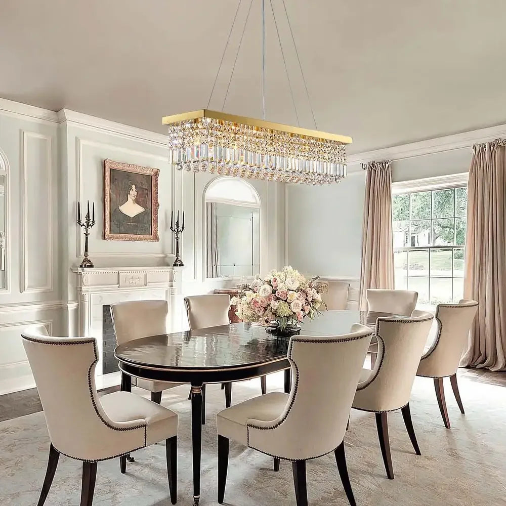 Modern Rectangular Crystal Chandelier – Gold Pendant Light Fixture with 8 Lights & Adjustable Chain