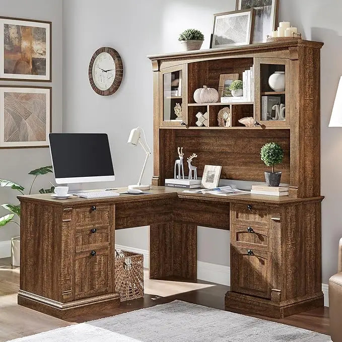 60" L Shaped Executive Desk with Hutch, Drawers & Charging Station
