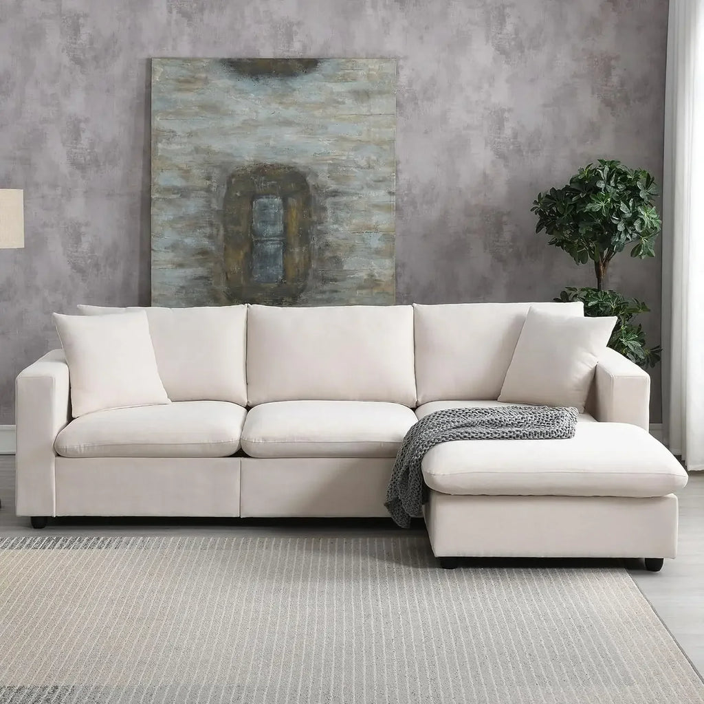 L Shaped 4 Seater Comfy Sofa with Convertible Ottoman, Polyester Fabric