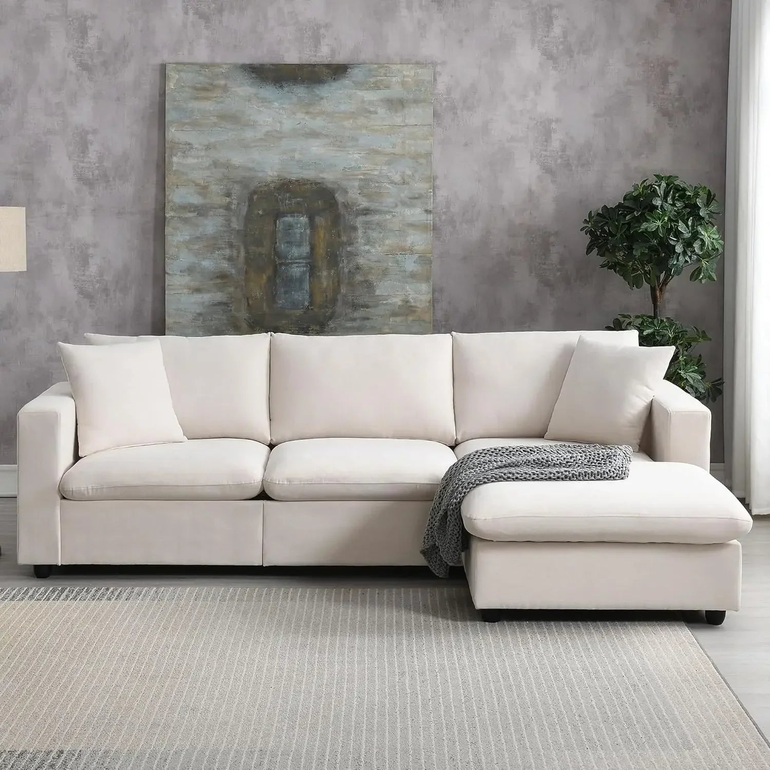 L Shaped 4 Seater Comfy Sofa with Convertible Ottoman, Polyester Fabric