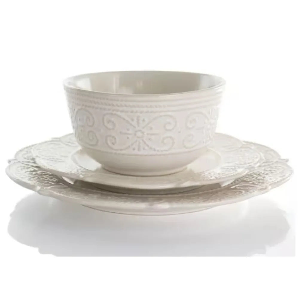 16-Piece Luna Embossed Scalloped White Stoneware Dinnerware Set (Service for 4)