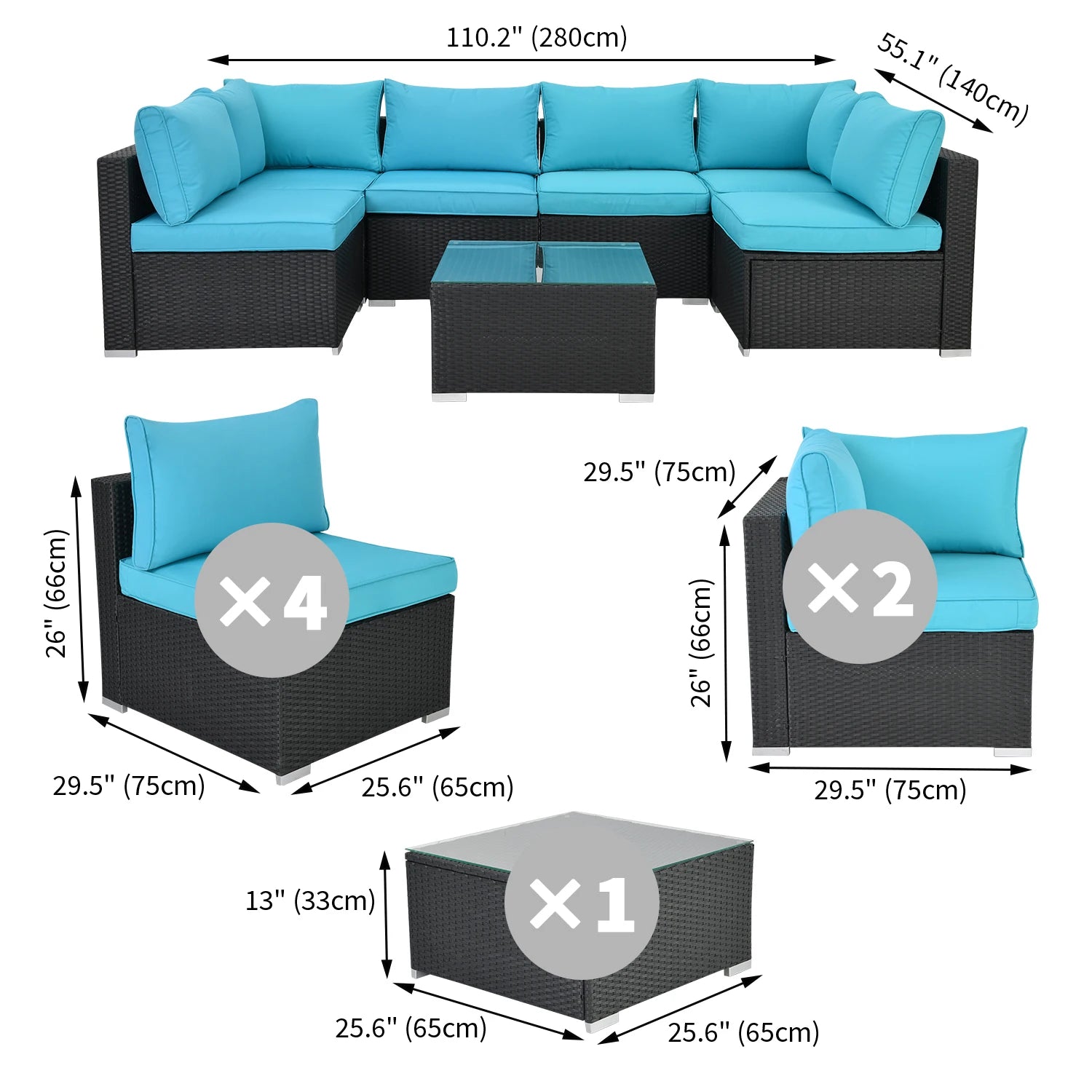 Outdoor Patio Furniture, 8 Piece Sectional Sofa with Thick Cushions, PE Rattan Wicker
