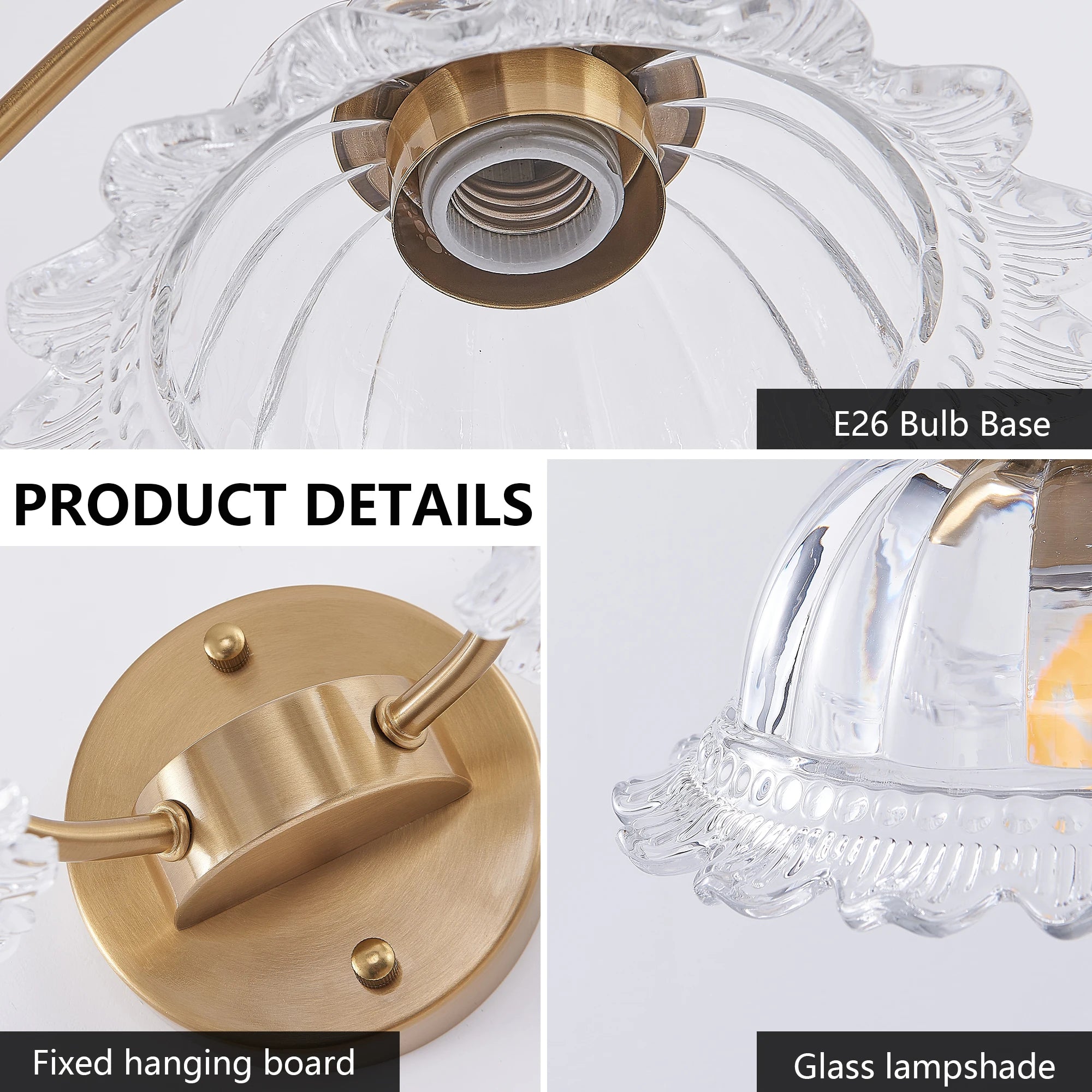 20 Inch 2-Light Elegant Vintage Bathroom Wall Sconce – Golden Metal and Glass Lampshade