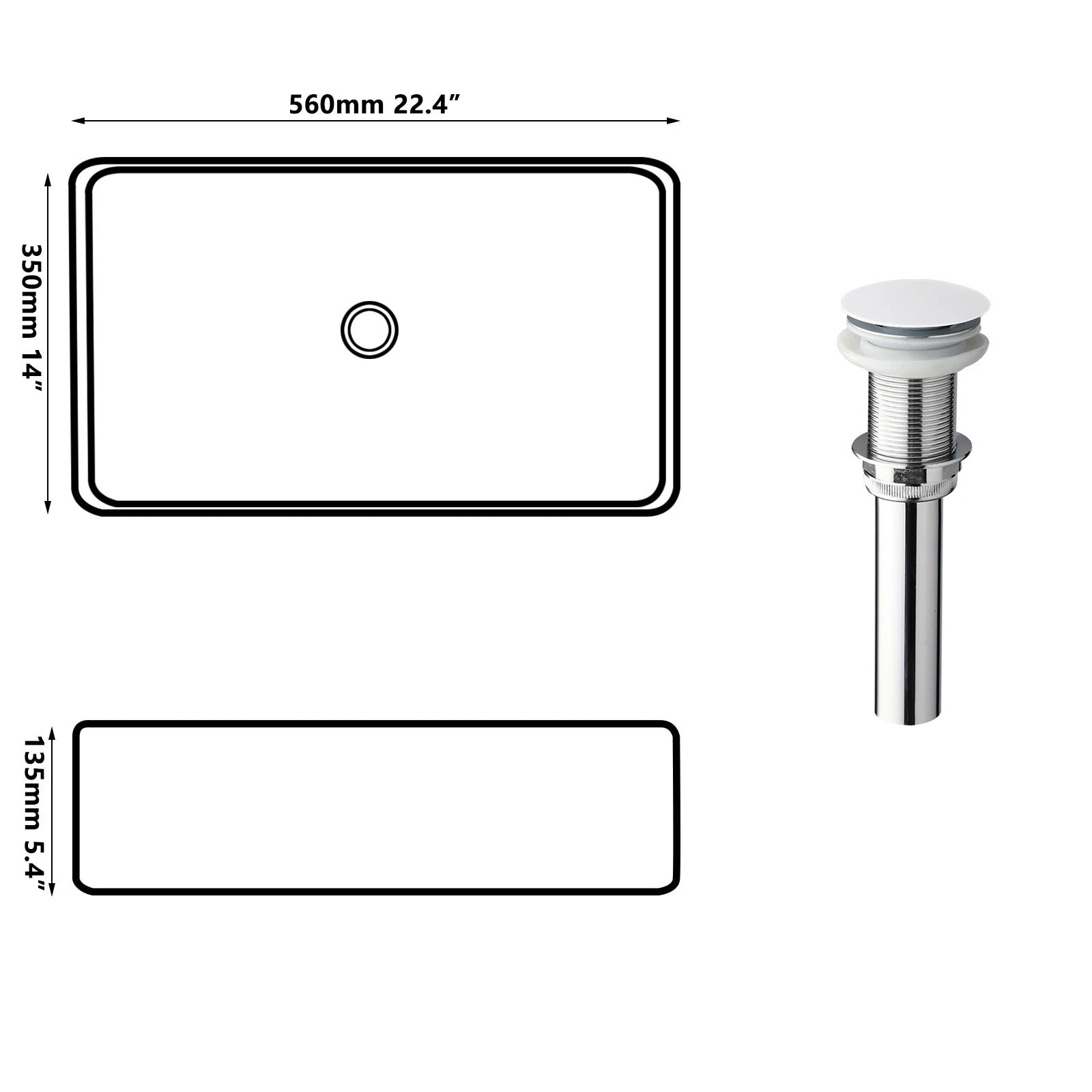 22" Rectangle Stone Resin Sink without Faucet, Above Counter
