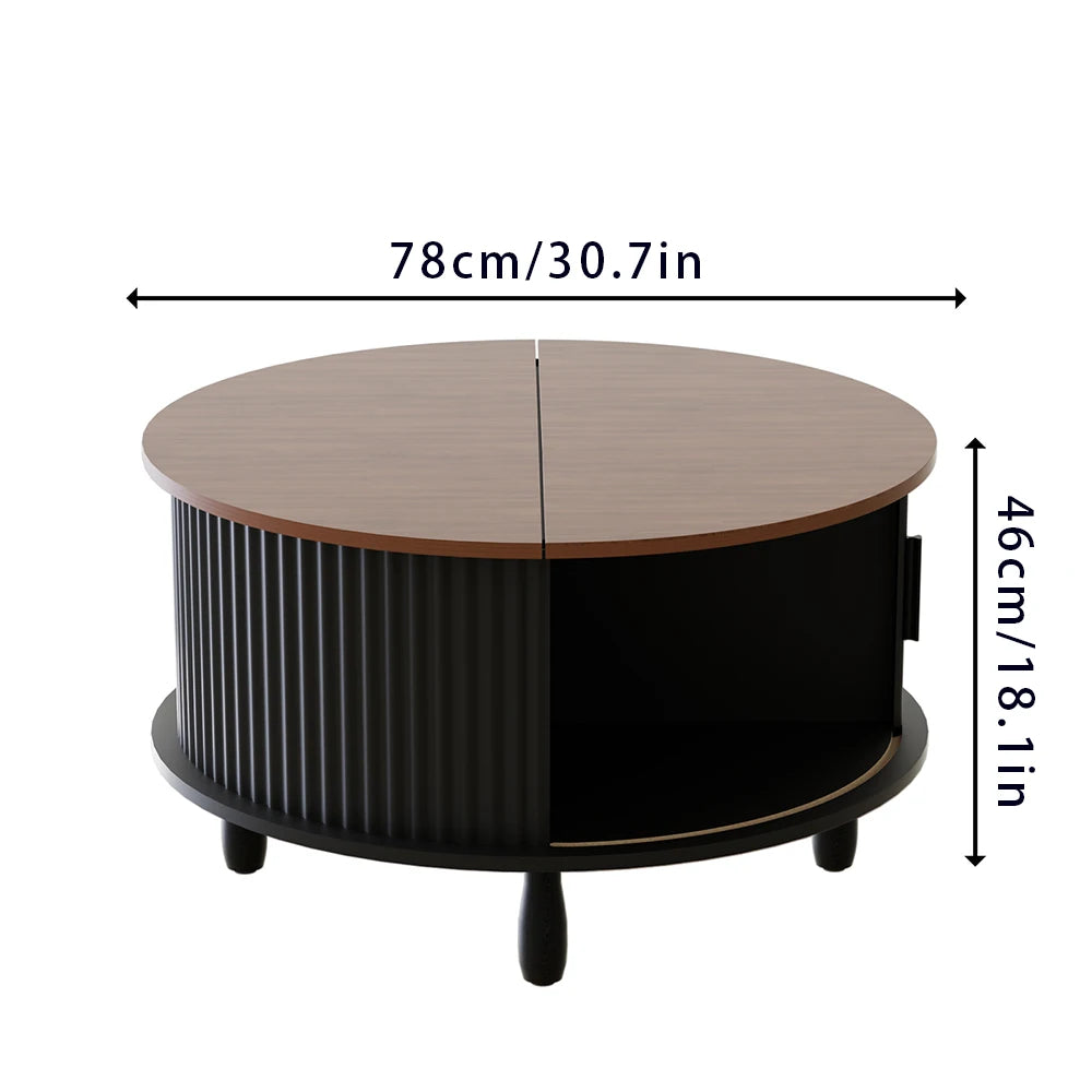 Round Wooden Coffee Table with 360° Curved Sliding Door