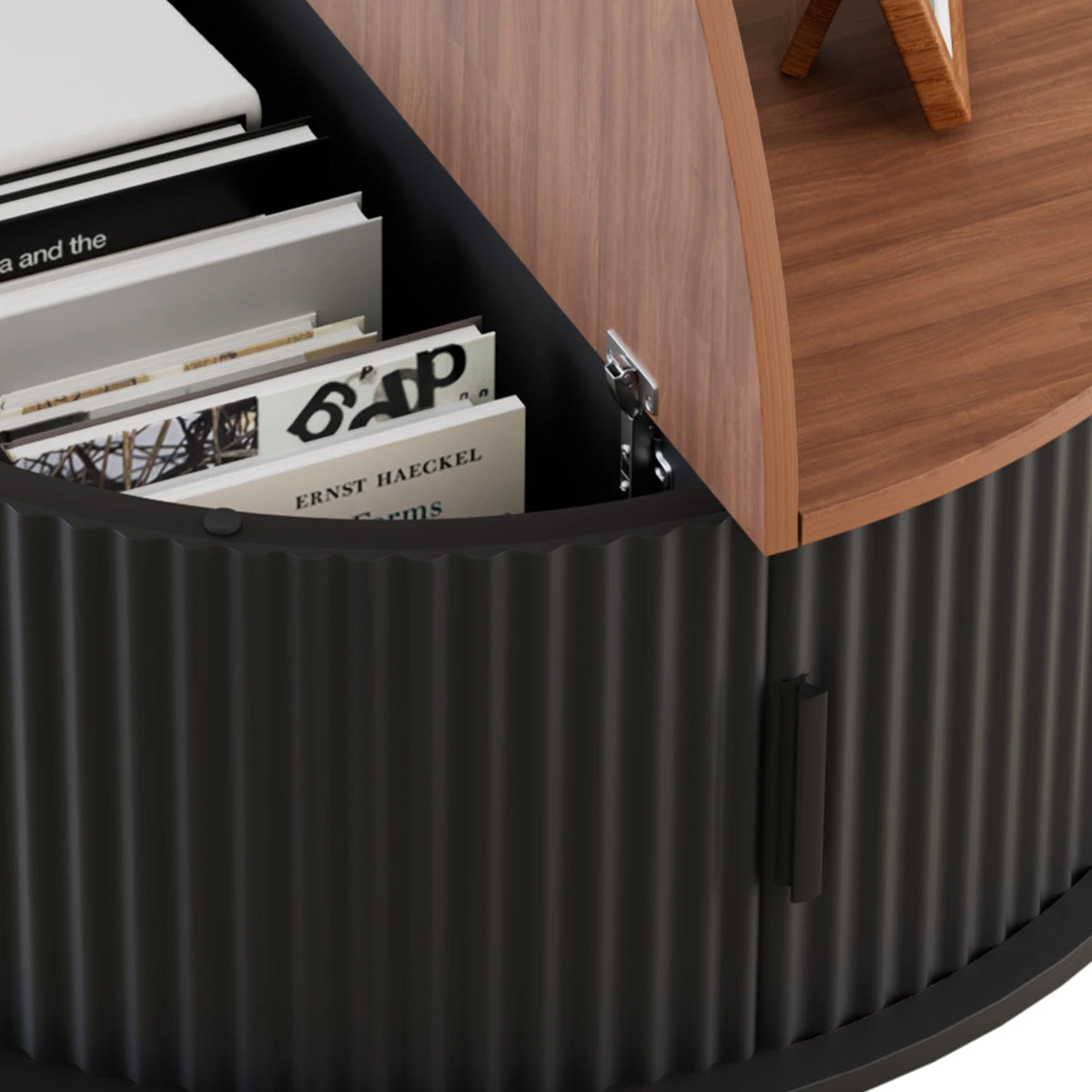 Round Wooden Coffee Table with 360° Curved Sliding Door