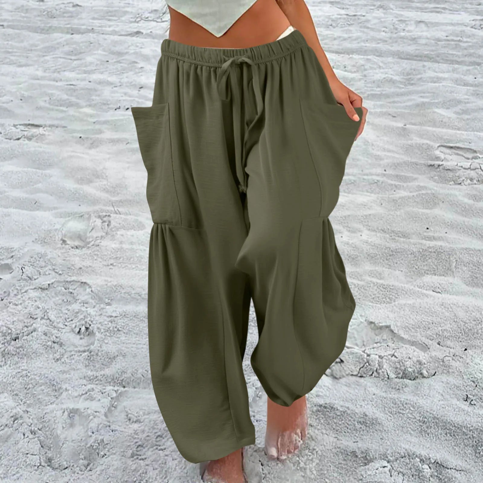 Women’s Plus Size Middle Waist Baggy Pants with Pockets – Korean Fashion
