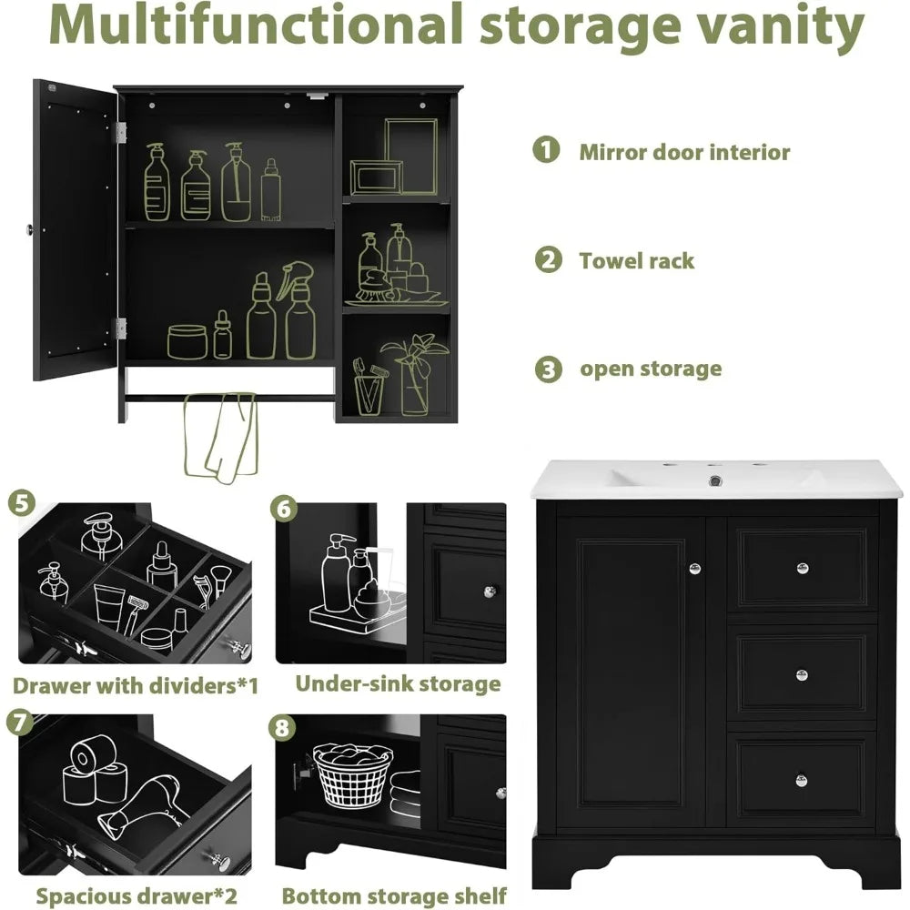 30-inch Elegant Bathroom Vanity with Sink, Storage Cabinet, 3 Drawers, Adjustable Shelves