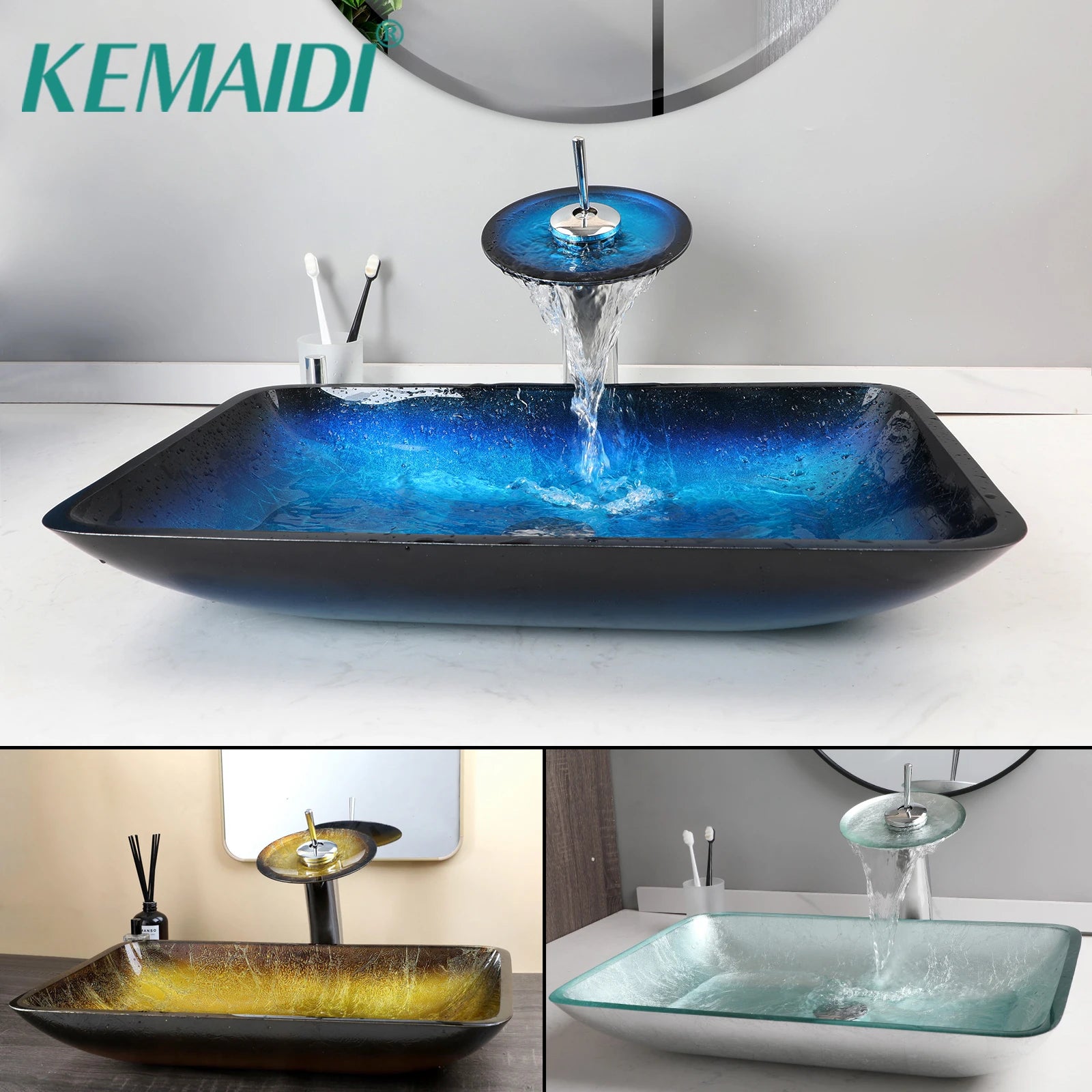 Big Countertop Tempered Glass Sink Faucet Set
