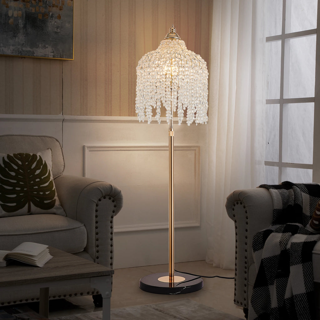 63” 3-Light Gold Crystal Floor Lamp with Grape-Shaped Beads and Marble Base