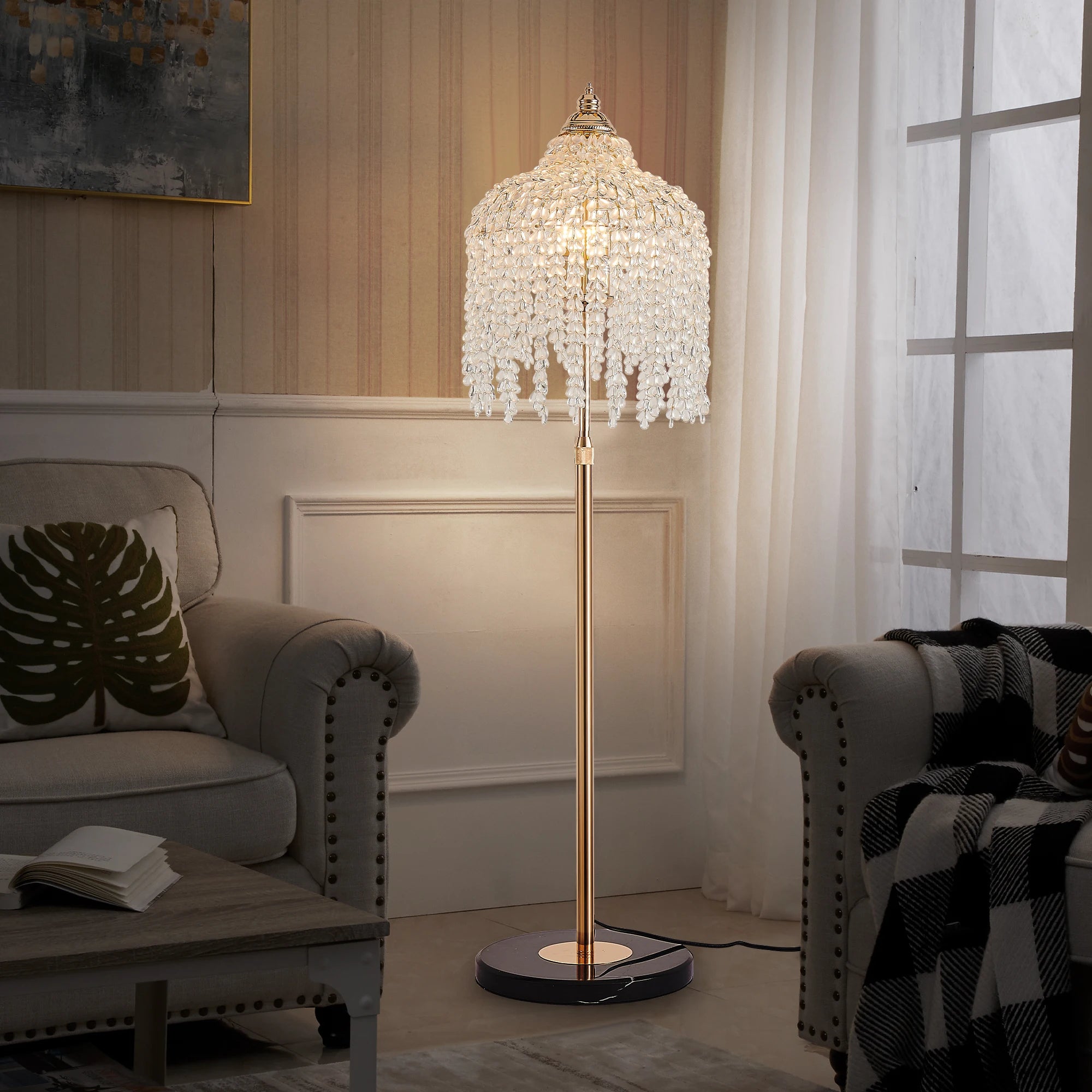 63” 3-Light Gold Crystal Floor Lamp with Grape-Shaped Beads and Marble Base