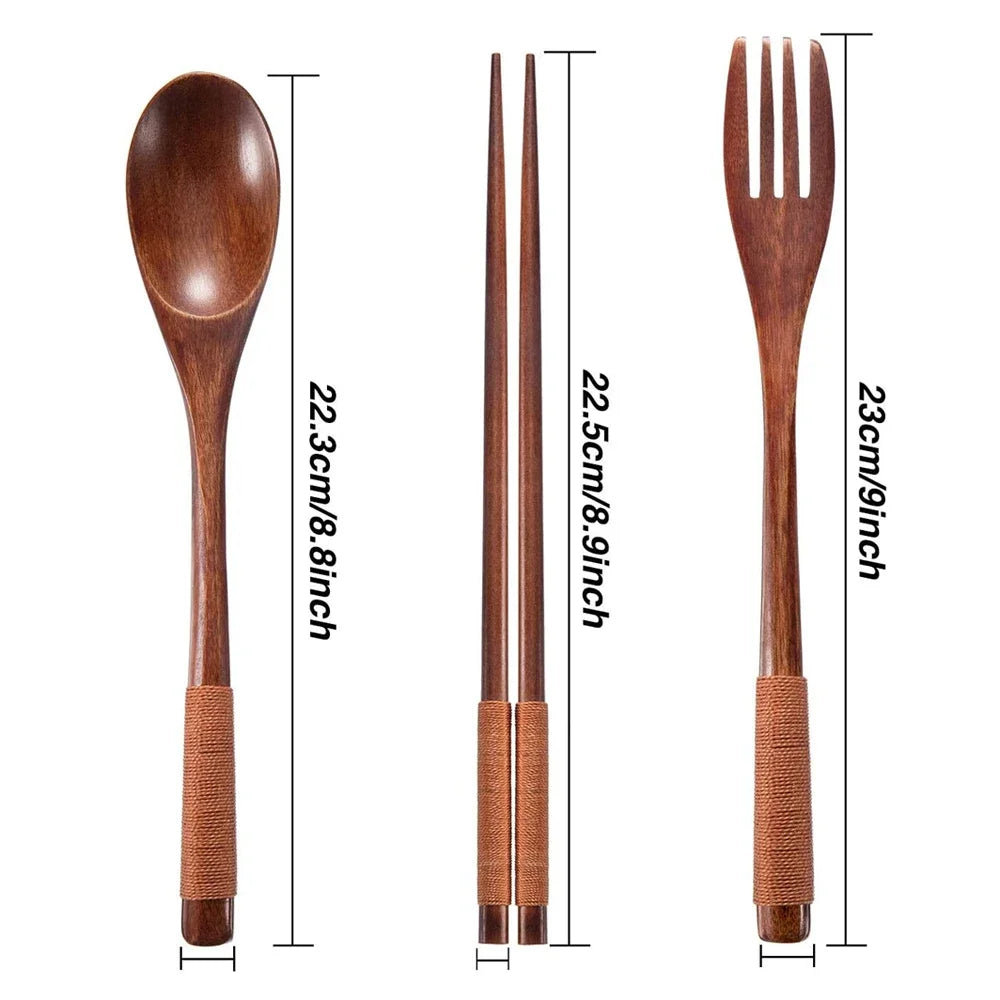 Natural Wood 3-Piece Tableware Set – Spoon, Fork & Chopsticks