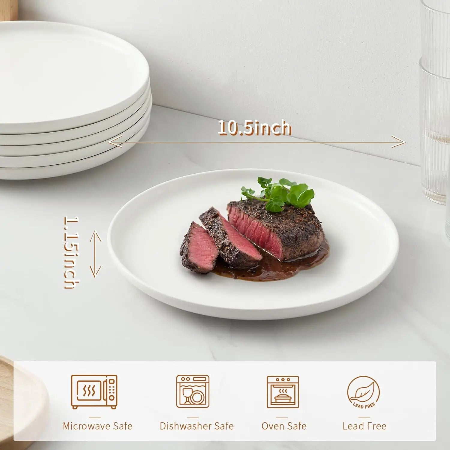 10.5 Inch White Ceramic Dinner Plates – Set of 6