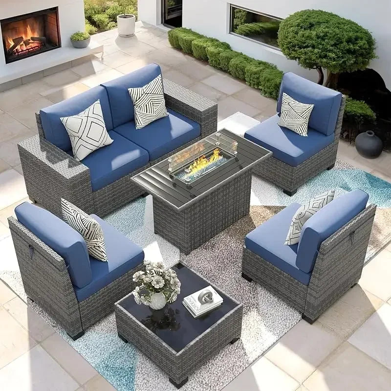 RPD4-7 Piece Patio Furniture Set with Fire Pit Table