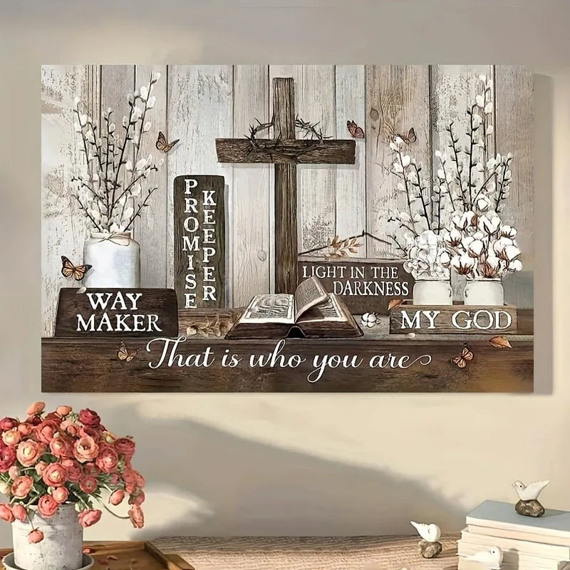 1pc Wooden Framed Farmhouse Cotton Flower Canvas Painting, Inspirational