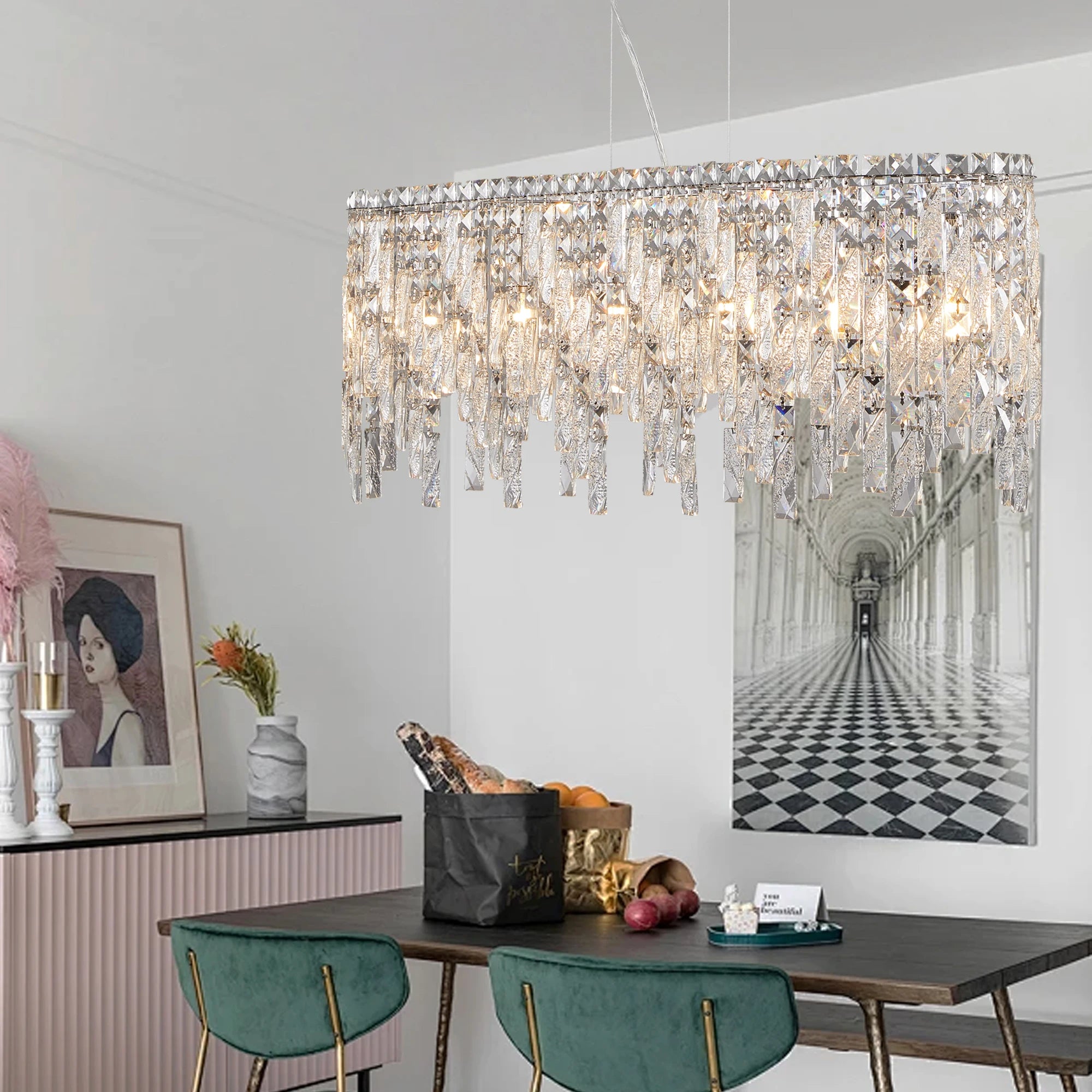 Silver Elegant Oval Crystal Chandelier with Reflective Hanging Crystals