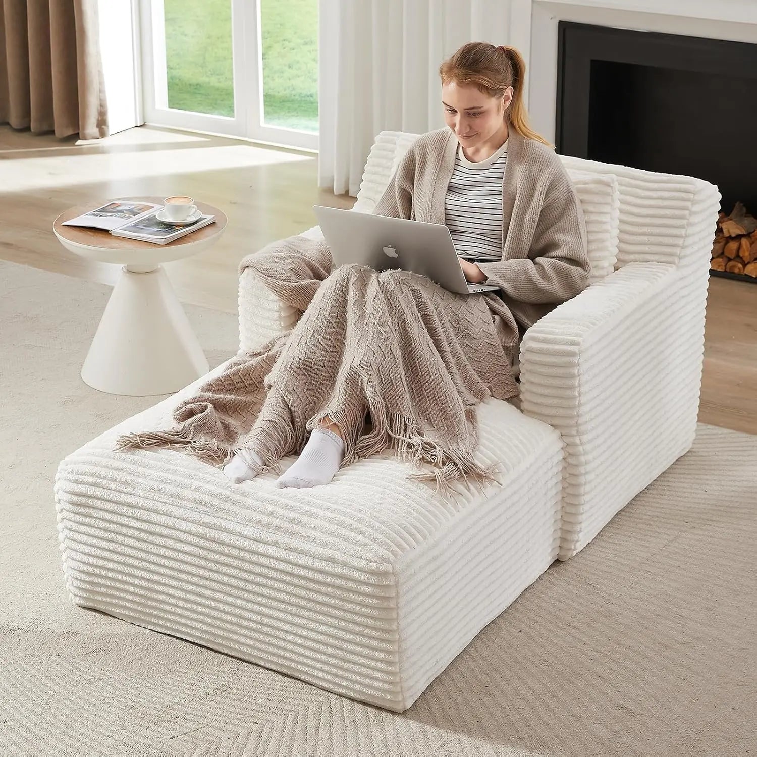 Oversized Corduroy Chaise Lounge Chair with Sofa Bed & Throw Pillows