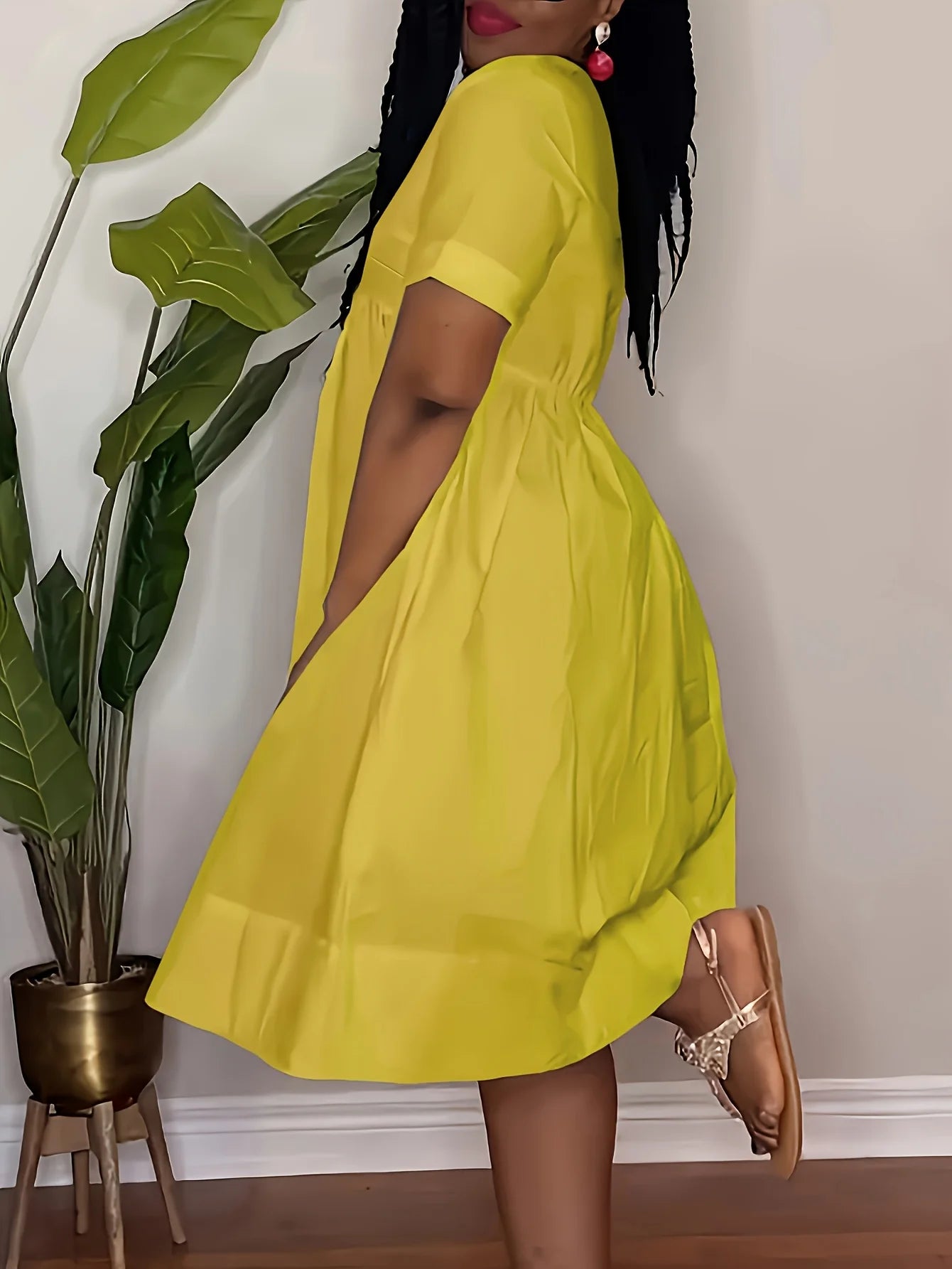 Casual Short Sleeved V-neck Waist Cinched Loose A-line Skirt
