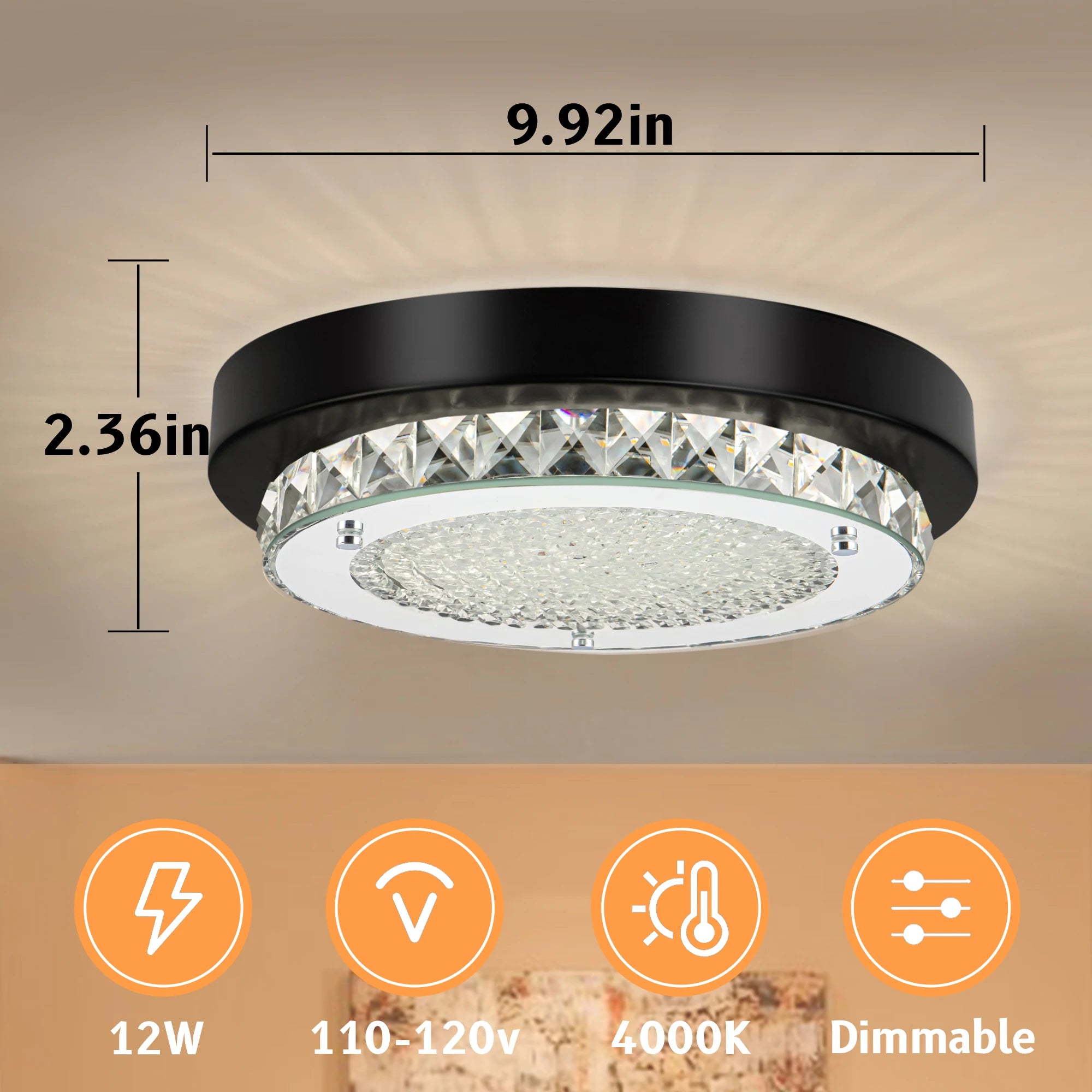 Black Flush Mount Ceiling Light Fixture - Crystal LED Lighting