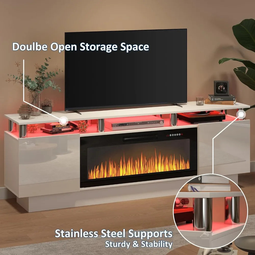 TV Stand with 36" Electric Fireplace, 70" LED Light Entertainment Center, Storage