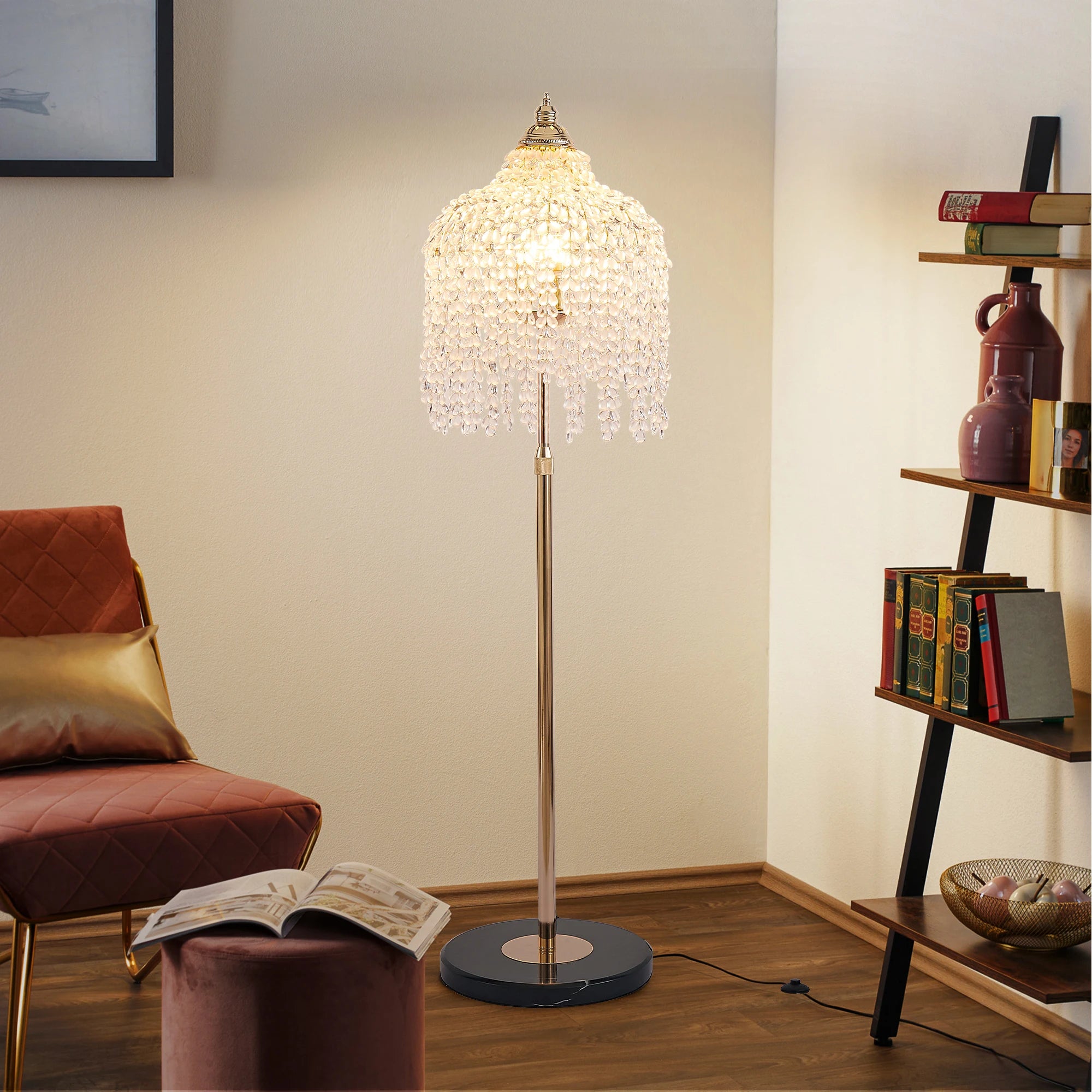 63” 3-Light Gold Crystal Floor Lamp with Grape-Shaped Beads and Marble Base