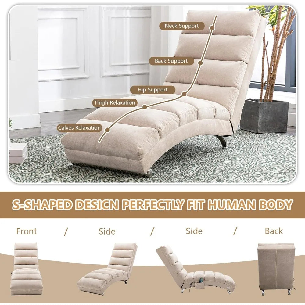 Indoor Chaise Lounge Chair with Electric Massage – 5 Modes, Breathable Linen Upholstered Recliner