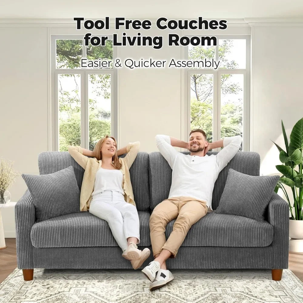 Grey Sofa, Extra Deep Corduroy Couch – 21” Seat Depth, Tool-Free Assembly