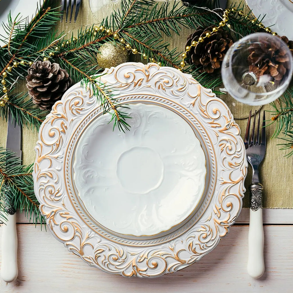 13" White Vintage Embossed Plastic Charger Plates - Set of 6