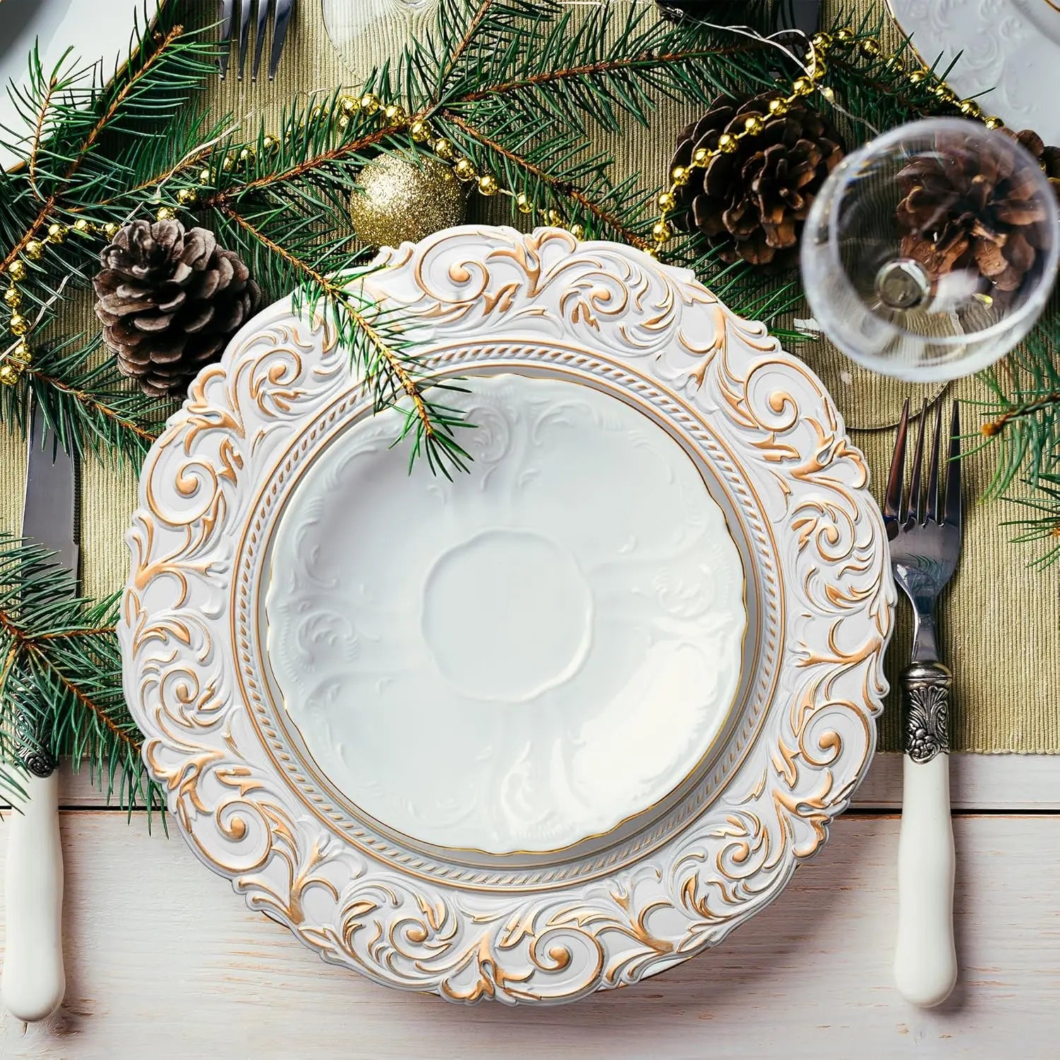 13" White Vintage Embossed Plastic Charger Plates - Set of 6