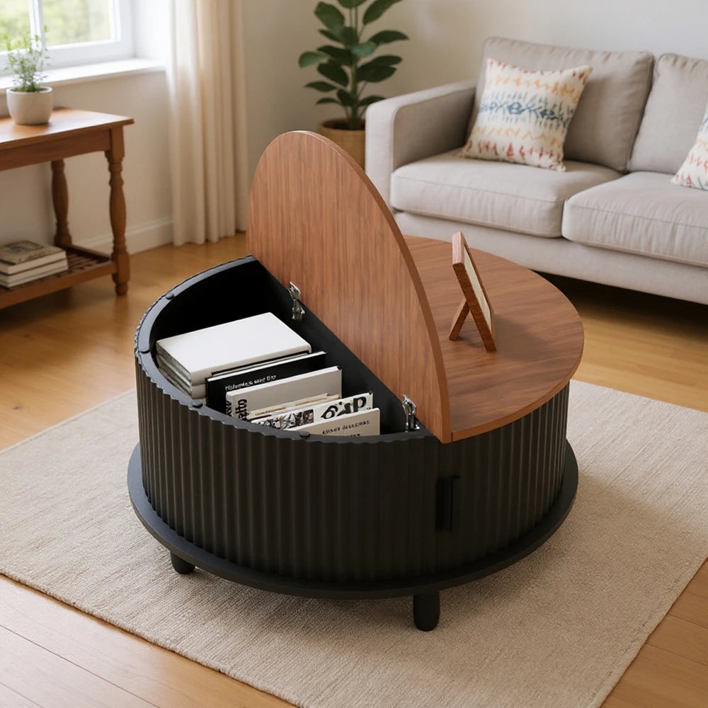 Round Wooden Coffee Table with 360° Curved Sliding Door
