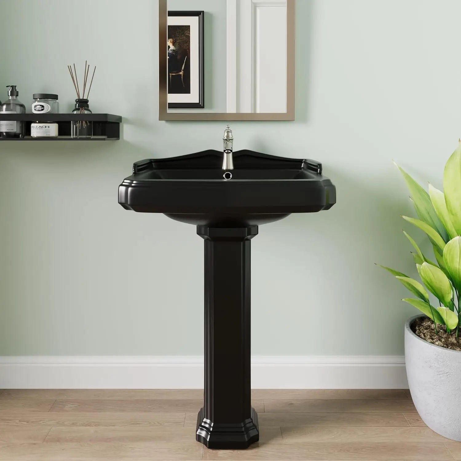 23" x 19" Black Ceramic Pedestal Sink Combo with Overflow Hole & 3 Faucet Holes