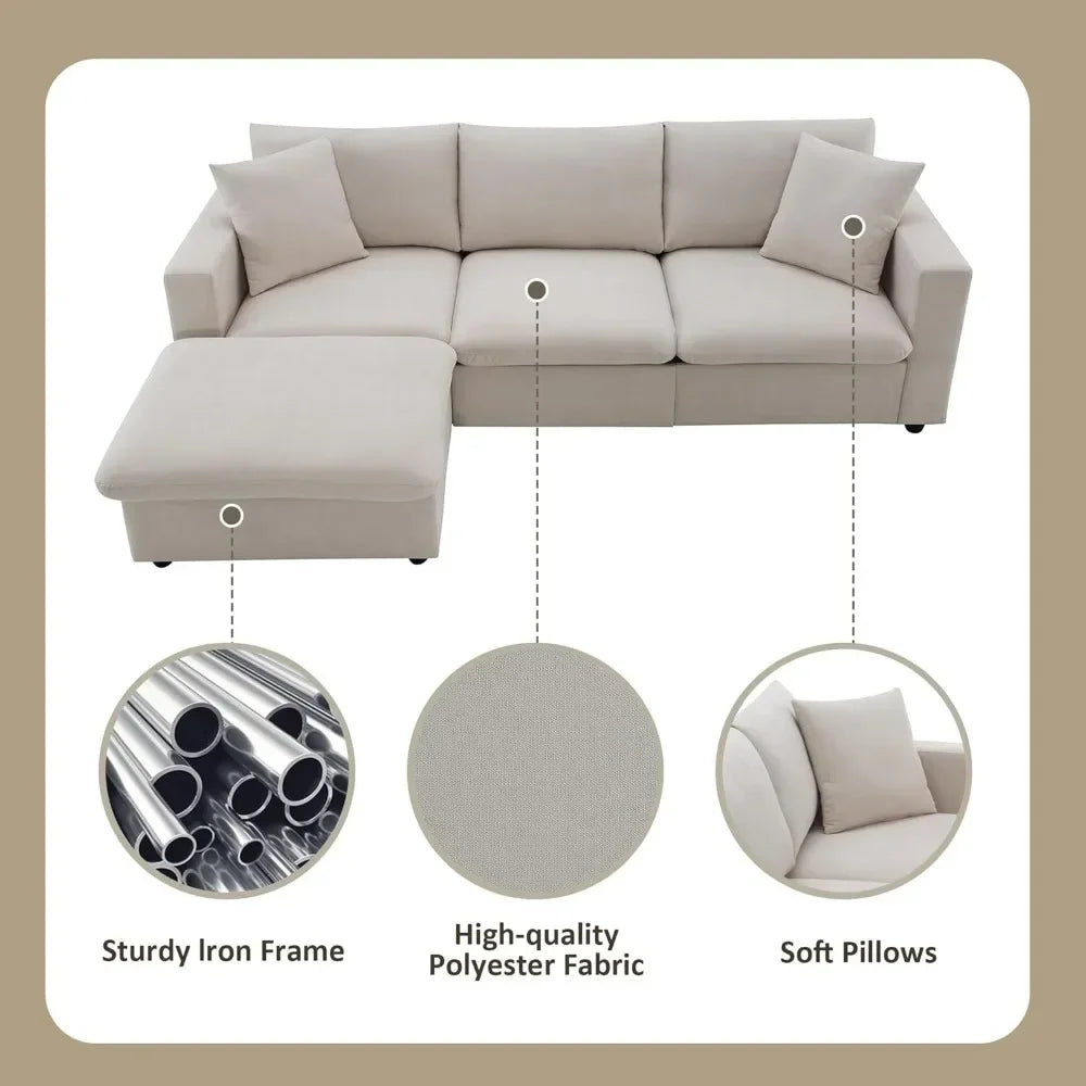L Shaped 4 Seater Comfy Sofa with Convertible Ottoman, Polyester Fabric
