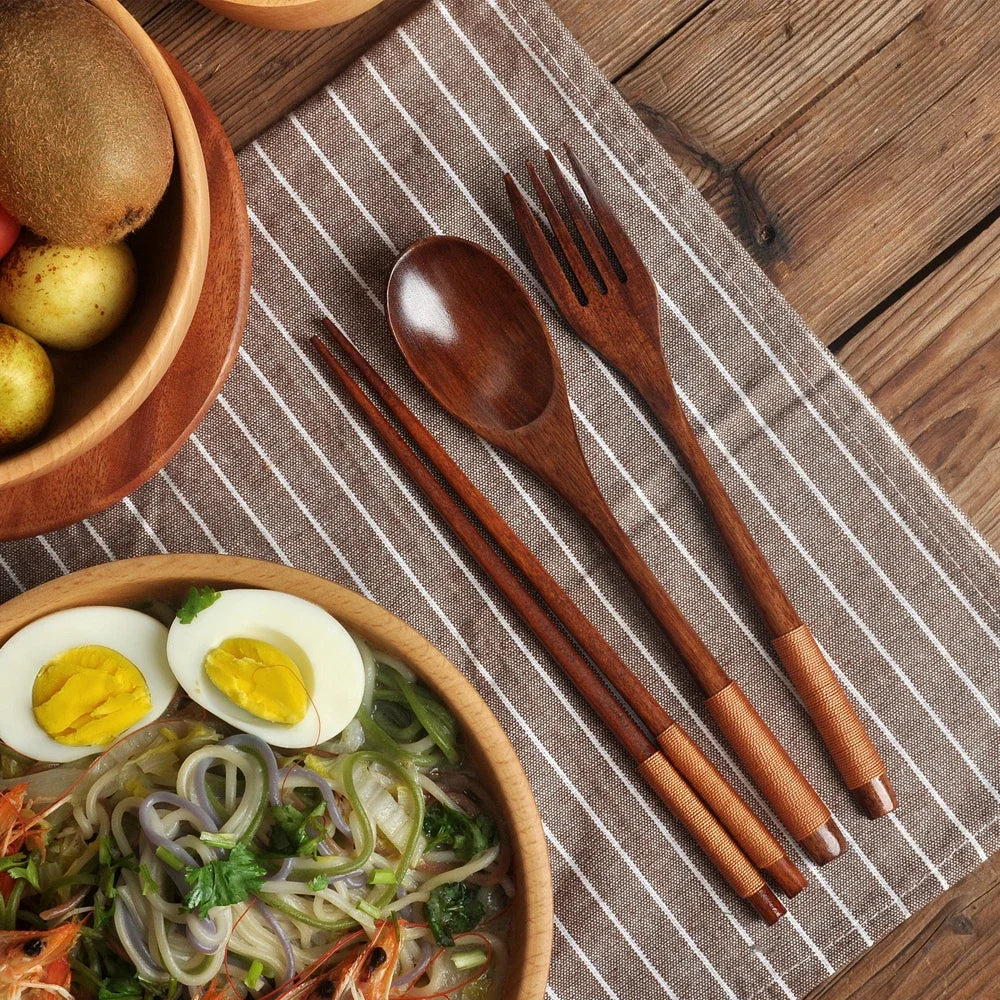 Natural Wood 3-Piece Tableware Set – Spoon, Fork & Chopsticks