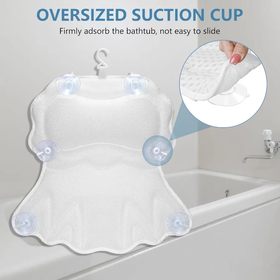 Relaxing Bath Pillow, 4D Breathable Air Mesh, Ergonomic Design, Strong Suction Cups