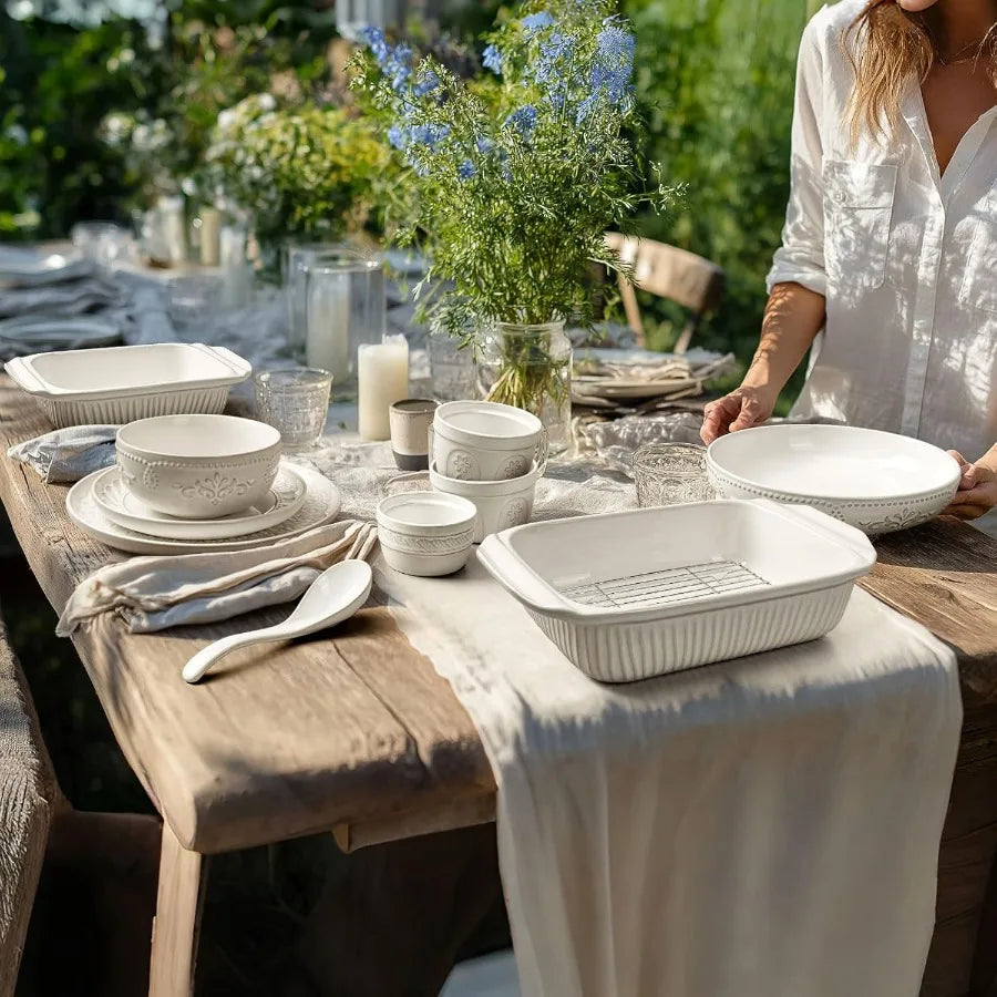 16-Piece Embossed White Ceramic Dinnerware Set – Service for 4