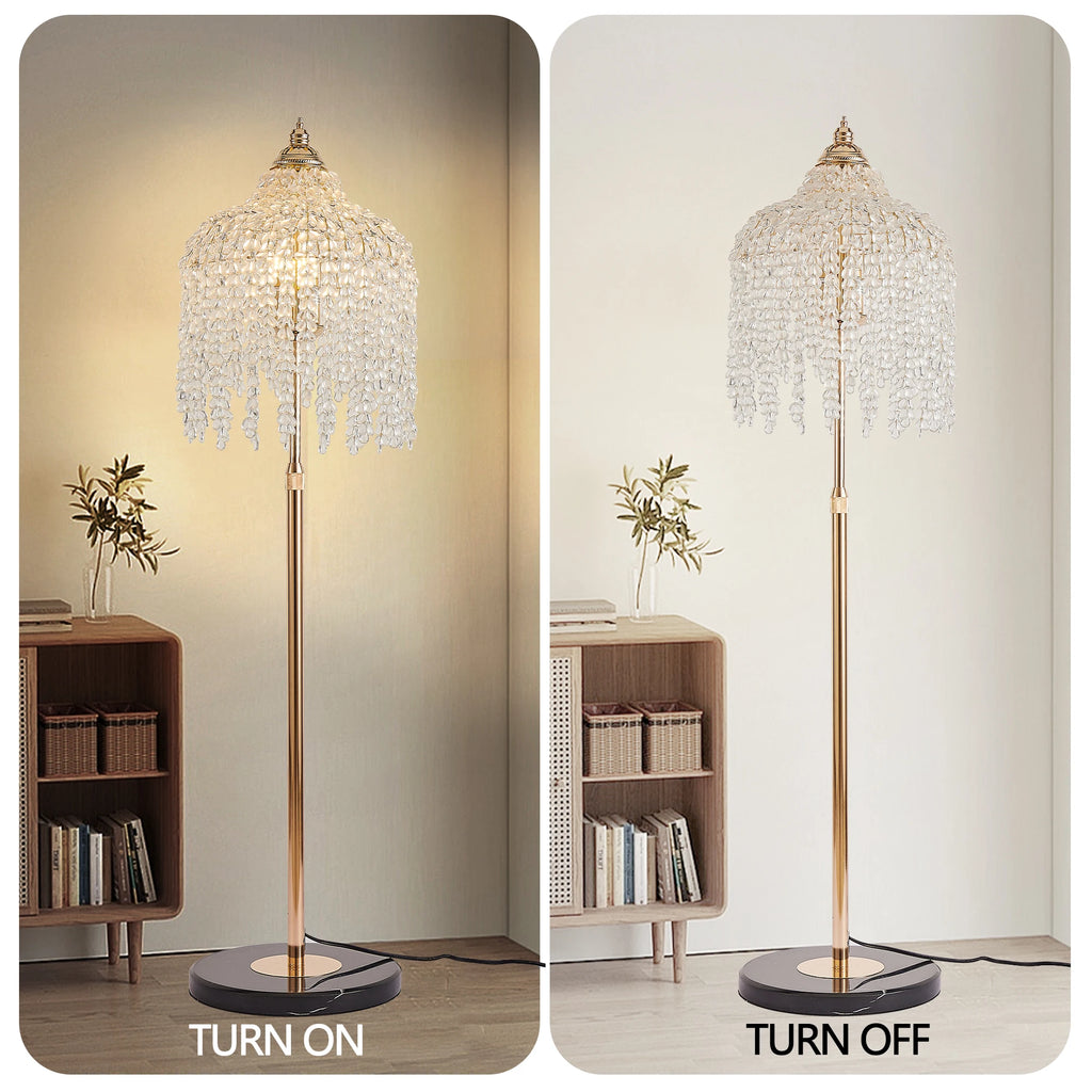 63” 3-Light Gold Crystal Floor Lamp with Grape-Shaped Beads and Marble Base