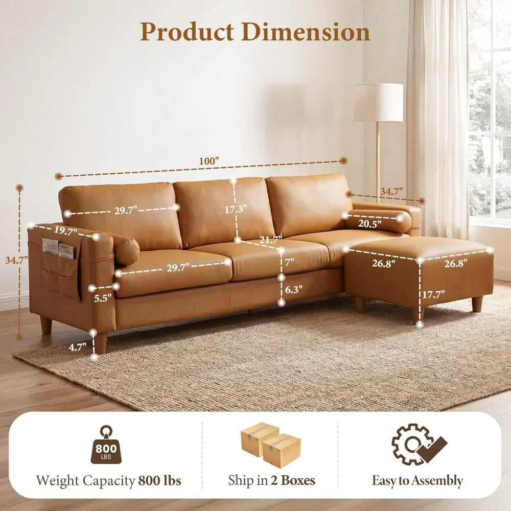 Faux Leather L-Shaped Sectional Sofa with Movable Ottoman
