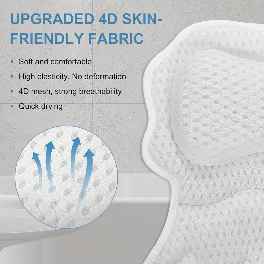 Relaxing Bath Pillow, 4D Breathable Air Mesh, Ergonomic Design, Strong Suction Cups