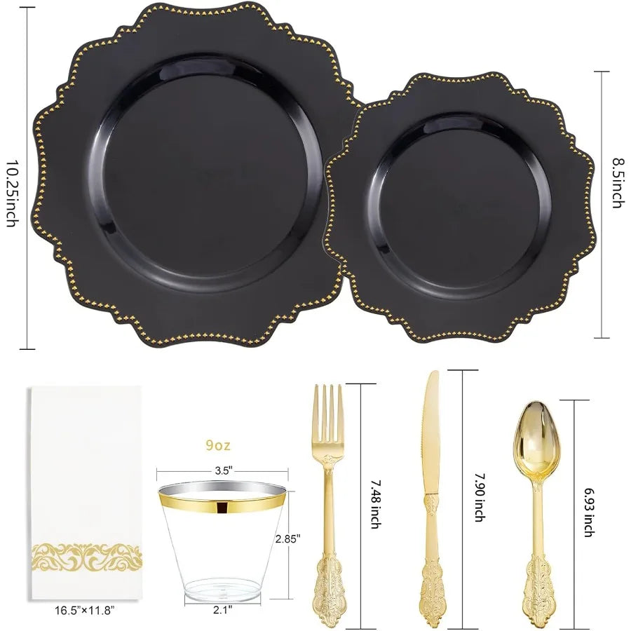 175-Piece Black Dinnerware Set with Disposable Silverware for 25 Guests
