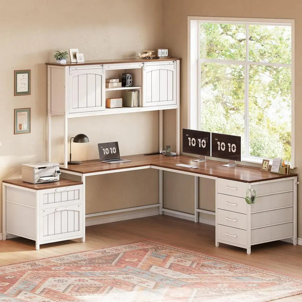 Farmhouse L-Shaped Office Desk with Hutch