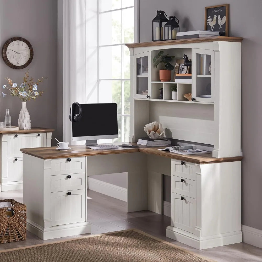 60" L Shaped Executive Desk with Hutch, Drawers & Charging Station