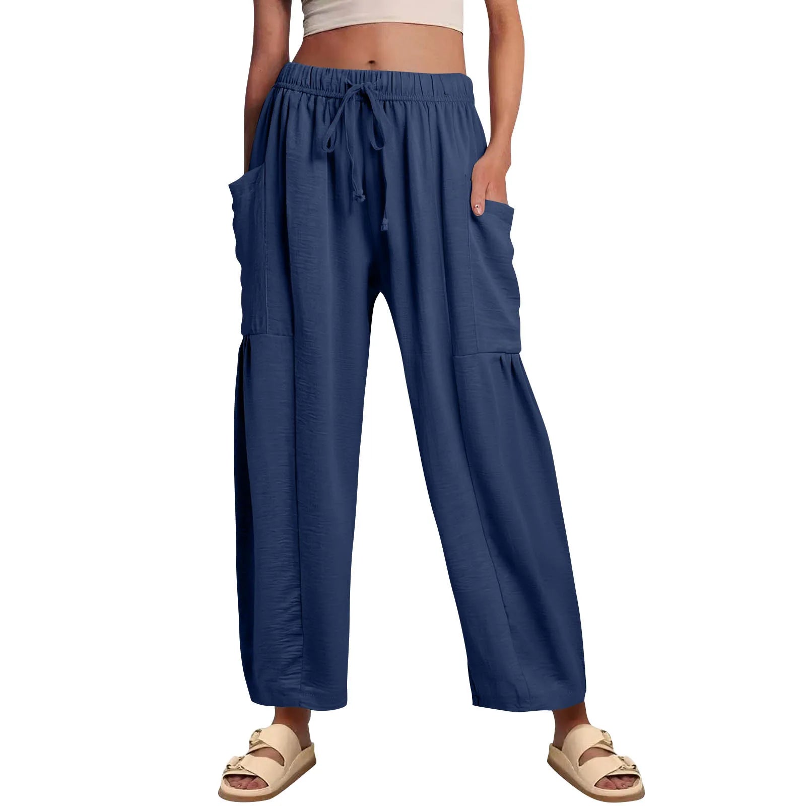 Women’s Plus Size Middle Waist Baggy Pants with Pockets – Korean Fashion