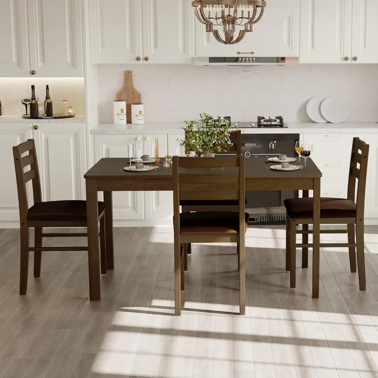 Solid Wood Indoor Modern Rectangular Dining Table Set with Cushioned Chairs