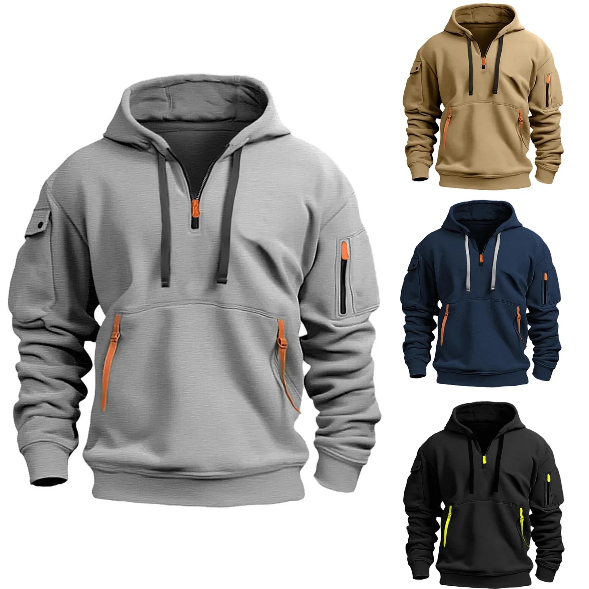 Plus Size Multi-Pocket Zipper Fleece Pullover Hooded Sweatshirt - Unisex