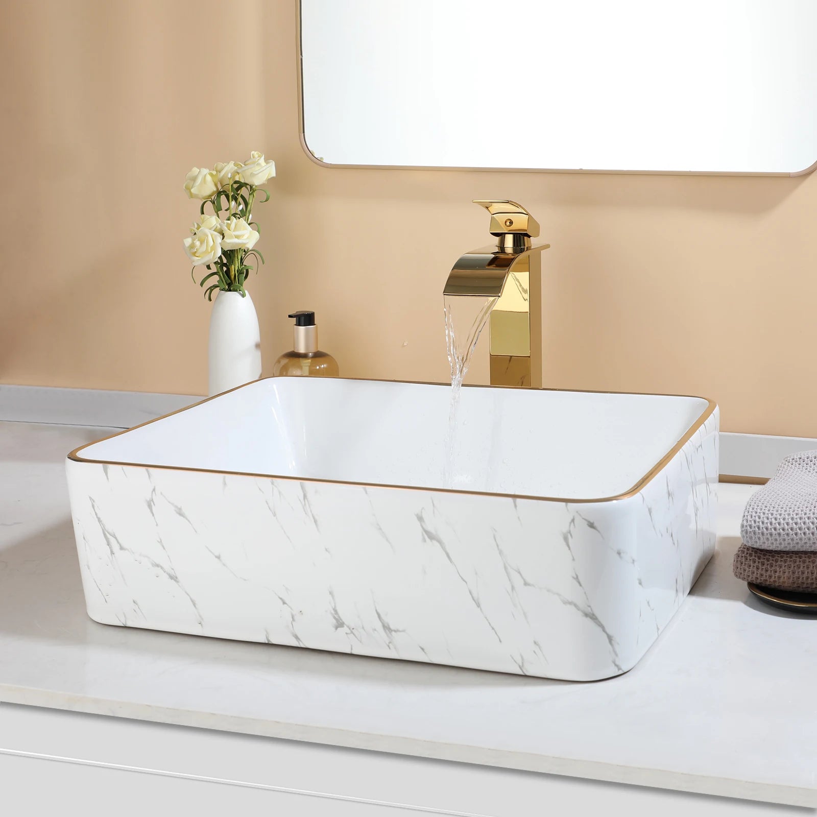 19" Gold Faucet Marbled Ceramic Countertop Sink