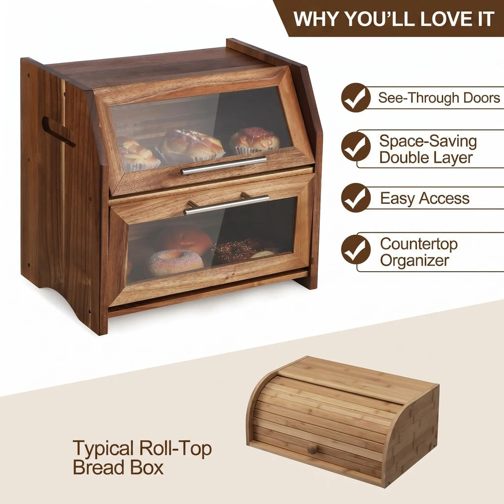 Acacia Wood Double-Layer Bread Box with Clear Acrylic Doors