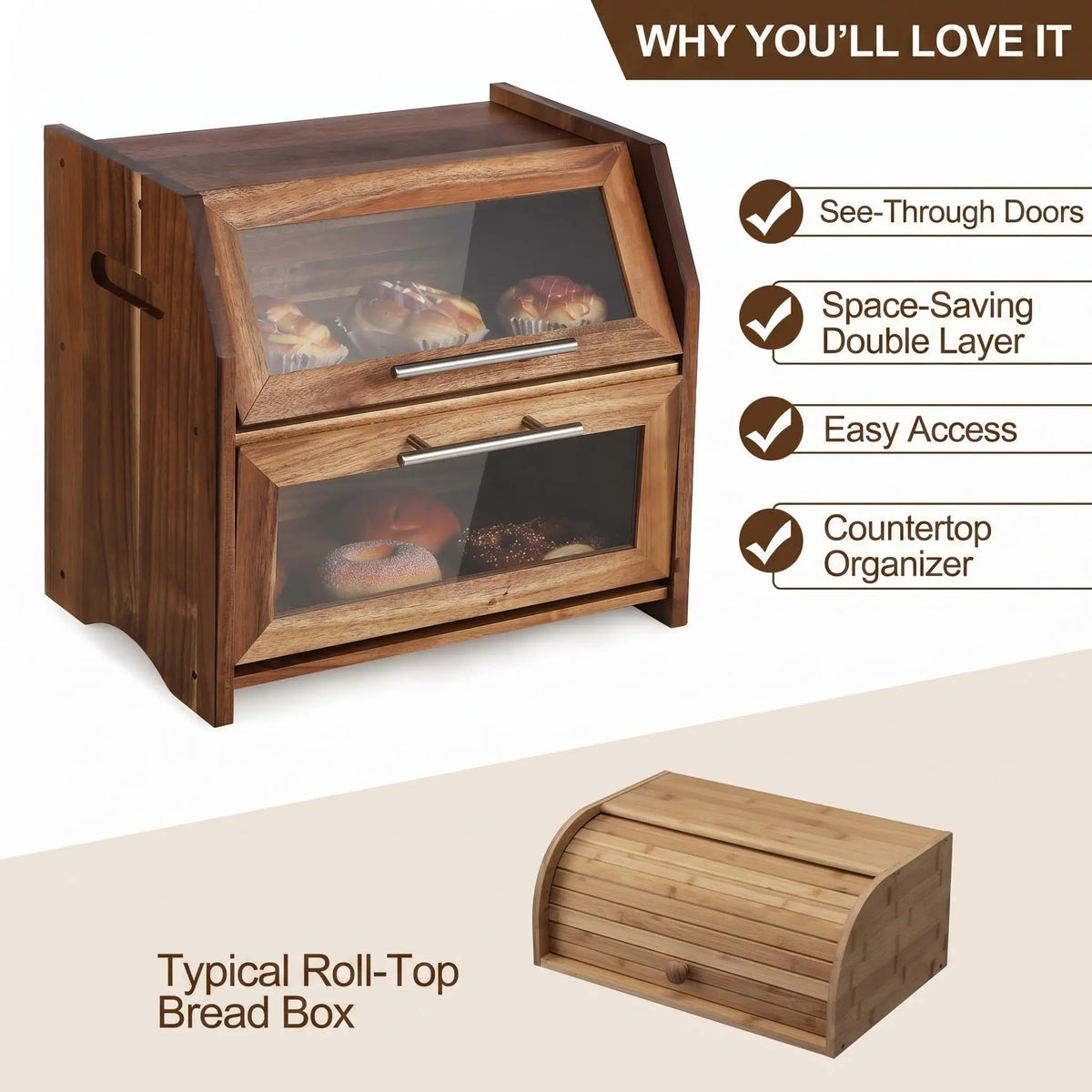 Acacia Wood Double-Layer Bread Box with Clear Acrylic Doors